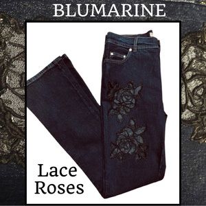 BLUMARINE Jeans Cotton Stretch Midnight Black Rose Lace Cutout 44/10 NEW